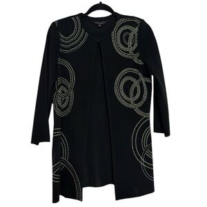 Ming Wang Black Long Open-Front Cardigan with Lime Dot Swirl Accents